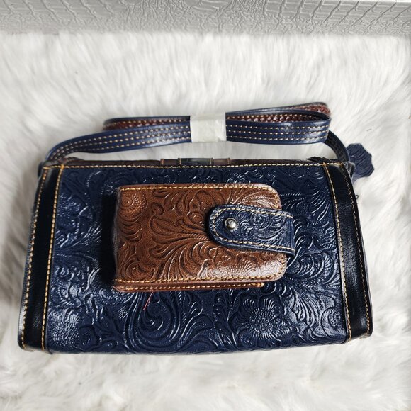 Vintage 90s MC Marc Chantal Navy and Brown Tooled Leather Crossbody bag - Picture 14 of 15